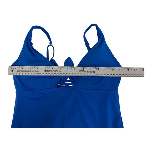 BCBGMAXAZRIA Women's Blue One Piece Swimsuit V Neck Tie Front Cutout Sz L - Picture 7 of 9